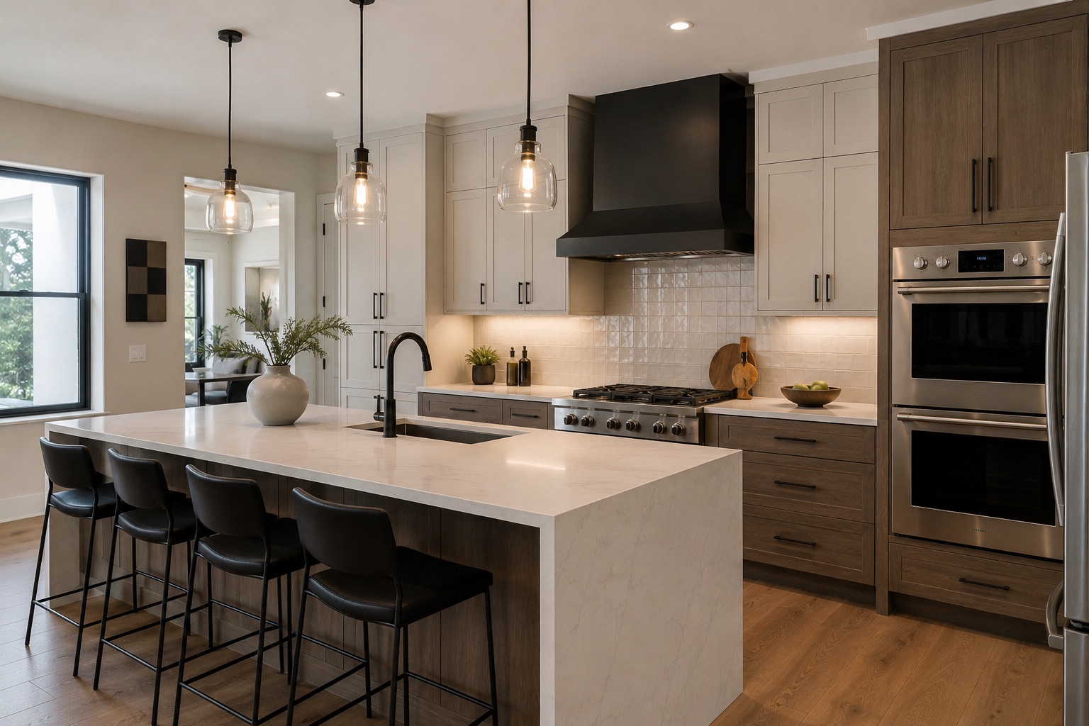 Kitchen island with waterfall countertop and pendant lighting