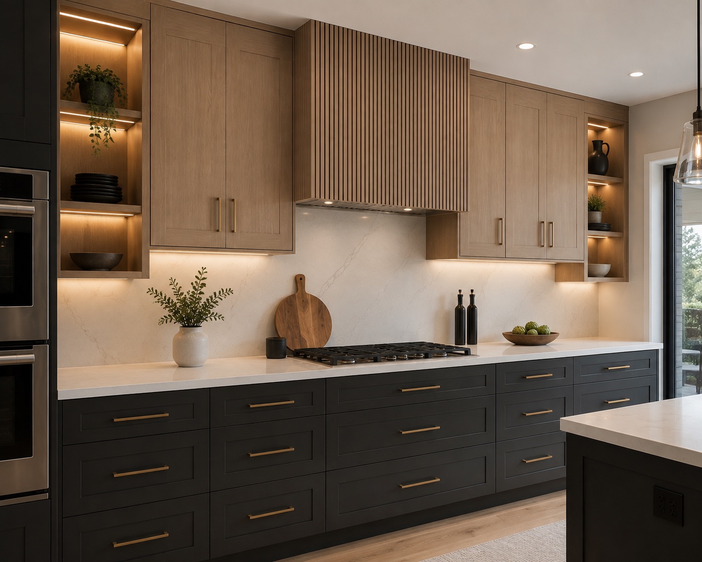 Two-tone cabinetry with brass hardware and wood range hood