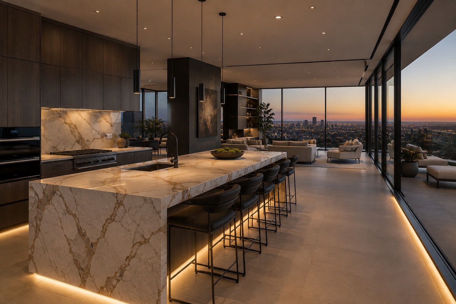Modern kitchen with marble backsplash and city view