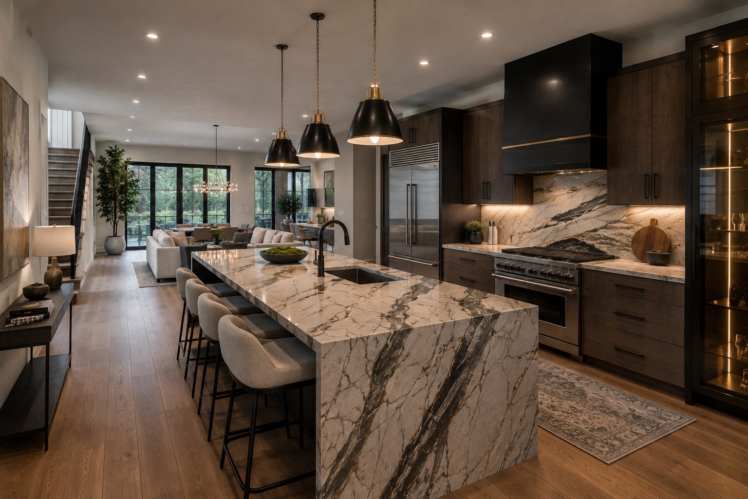 Open-concept kitchen with marble island and pendant lights
