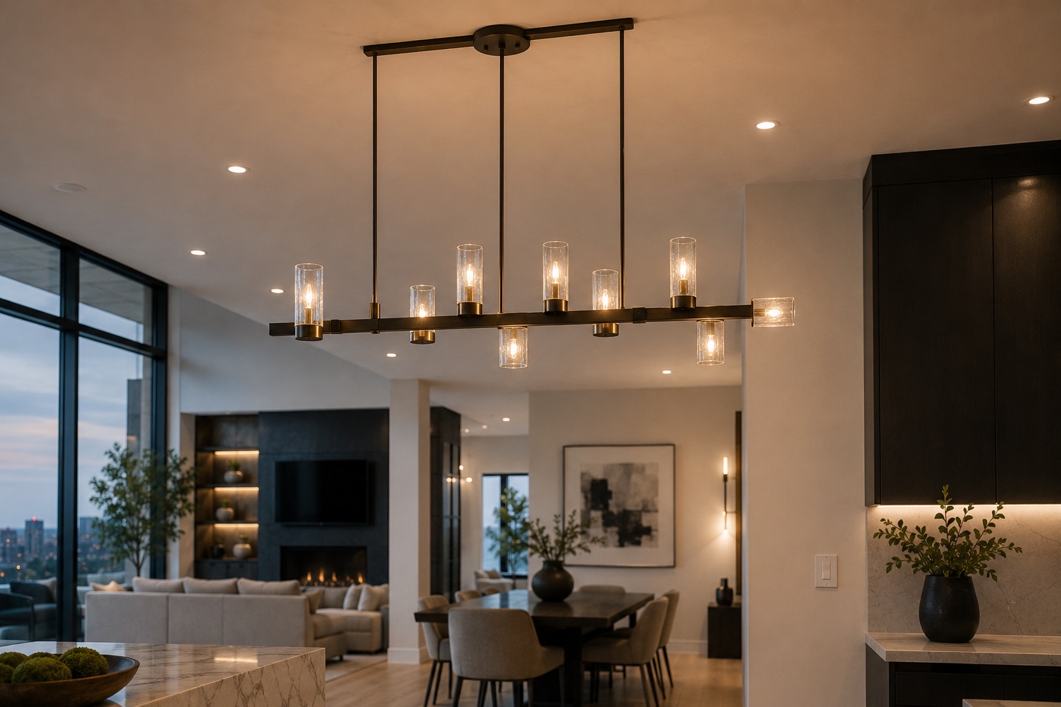 Linear chandelier over dining area