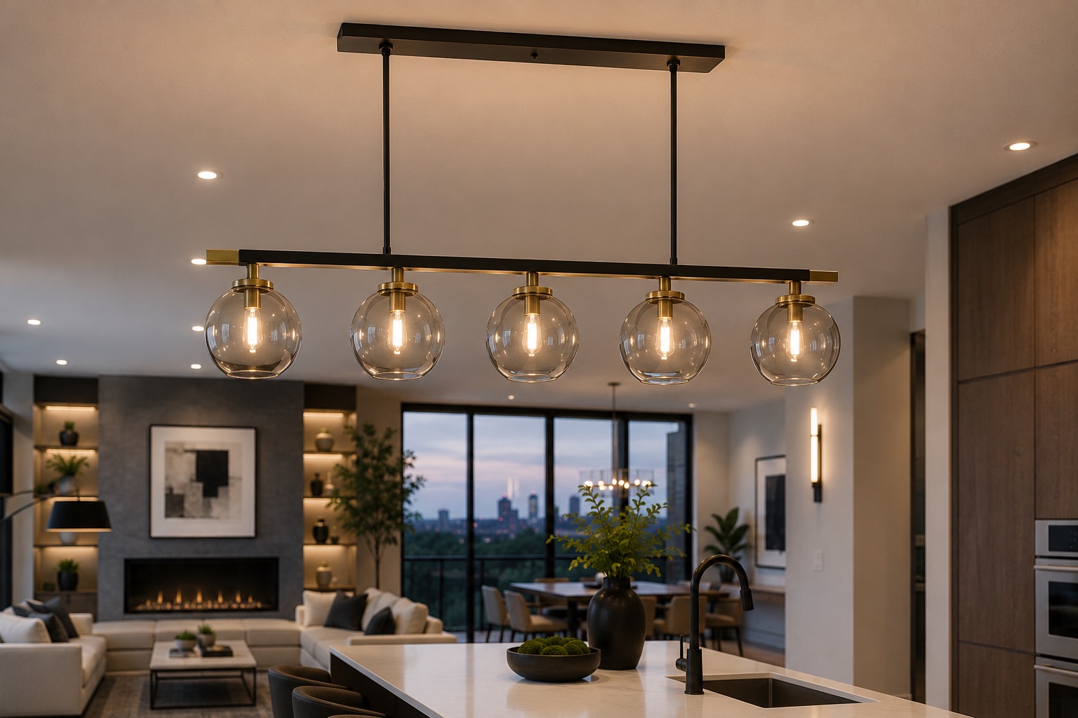Globe pendant lighting over kitchen island