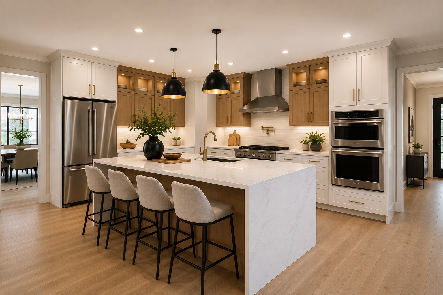 Remodeled kitchen with waterfall island and custom cabinetry